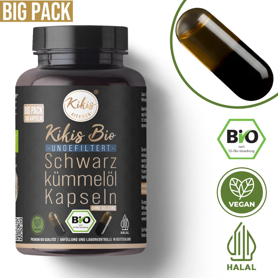 Kikis Schwarzkümmelöl BIGPACK Kapseln BIO - VEGAN - ungefiltert - von Kikis Kitchen - Nur €33.49! Bestelle jetzt Kikis Kitchen