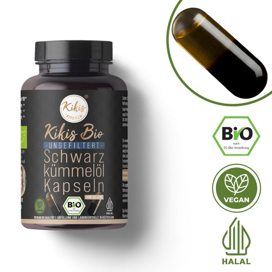 Kikis Schwarzkümmelöl Kapseln BIO - VEGAN - ungefiltert -  von Kikis Kitchen - Nur €22.99! Bestelle jetzt Kikis Kitchen